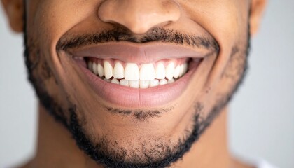 Close up of man smiles with beautiful white teeth without show whole face.