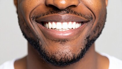 Fototapeta premium Close up of man smiles with beautiful white teeth without show whole face.