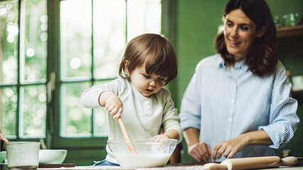 Adorable Toddler 'Helping' Mom Bake – Heartwarming Kitchen Moment for Kids Take Over Kitchen Day (Ideal for Parenting, Family Lifestyle & Food Brand Content)