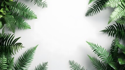 Obraz premium Lush fern leaves frame a white background.