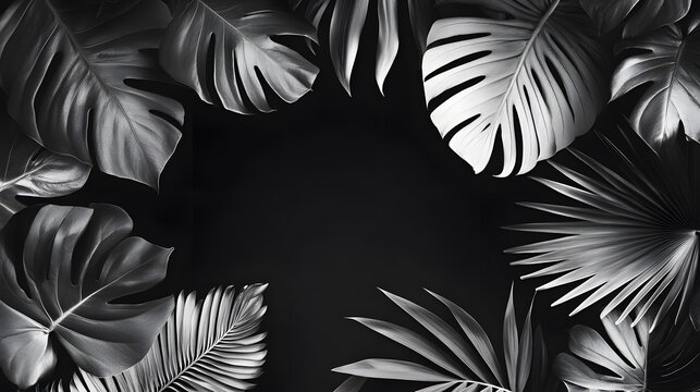Black and white tropical leaves arranged in a frame.