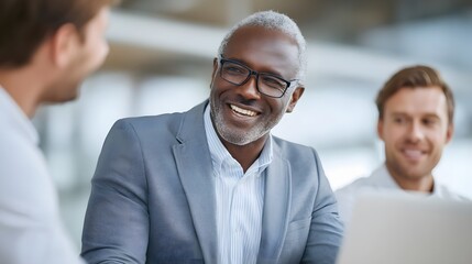 A group of business professionals including a manager gathered around a table for a collaborative meeting in a modern office setting
