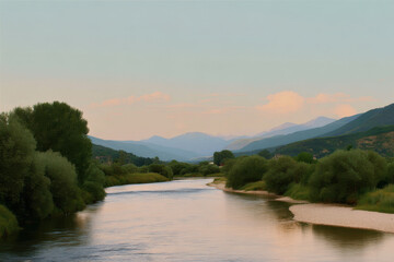 Fototapeta premium serene summer sunrise illuminating tranquil mountain stream surrounded by lush greenery and majestic peaks