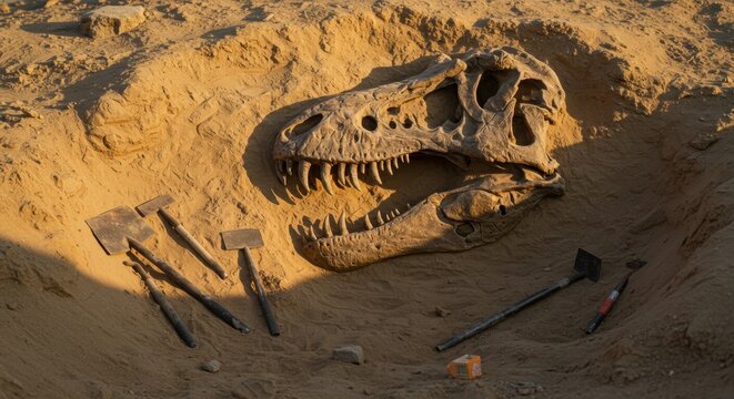 Dinosaur skull found in an excavation pit. Archeology discovery concept with tools for digging. Scientific research of prehistoric animals.