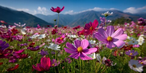 Cosmos flowers in meadow landscape with mountains