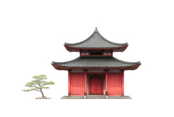 Fototapeta premium Traditional japanese pagoda with bonsai tree on white background, cut out