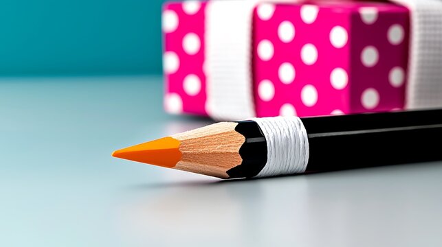Close-up of an orange pencil resting beside pink polka-dotted gift boxes on a blue surface - Powered by Adobe