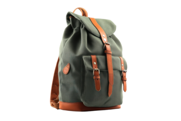 Green canvas backpack with leather straps for outdoor adventures, cut out