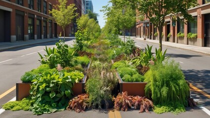 Fototapeta premium Urban Oasis: A Street Transformed by Greenery and Nature
