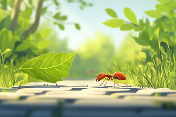 An ant carrying a large leaf along a stone pathway in a lush green forest setting