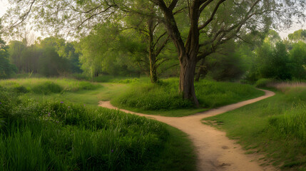 Obraz premium A forked path in nature, symbolizing life's choices and possibilities