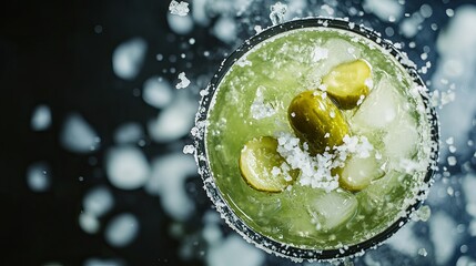 Refreshing Green Pickleback Cocktail Drink with Ice Cubes and Salt Rim Gourmet Beverage Photography  Alcoholic Drink Recipe Summer Refreshment bar pub icy food menu blog 