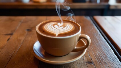 Steaming Hot Latte Art in Ceramic Cup on Wooden Table