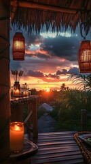 Obraz premium Rooftop bamboo bar cafe with tiki lamps and sunset view