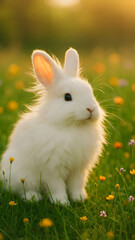 Fluffy white rabbit on the grass