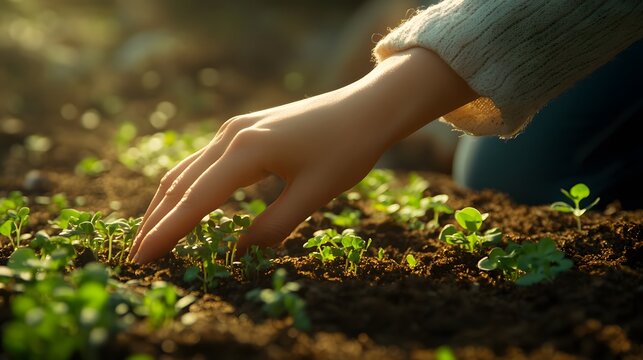 A hand tending young seedlings in rich soil.