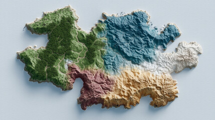 Island Topography: A detailed 3D model of an island showcasing diverse terrain, from lush green hills to sandy beaches and rocky outcrops.
