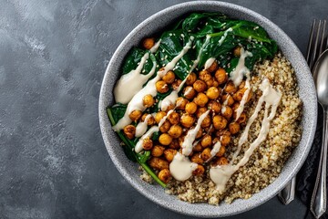 Fototapeta premium Fresh and healthy vegan bowl with cooked chickpeas spinach and quinoa with creamy dressing on dark textured background
