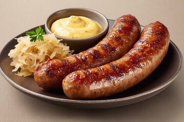 Hearty grilled sausages served with mustard and sauerkraut on a dark plate for a traditional European meal or outdoor barbecue setting