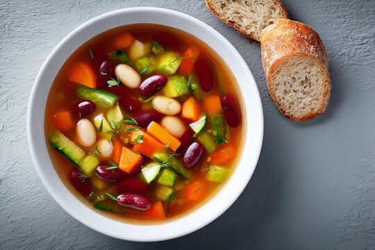 Fresh vegetable mirone soup in a white bowl with bread slices on gray surface healthy nutritious vegan vegetable dish