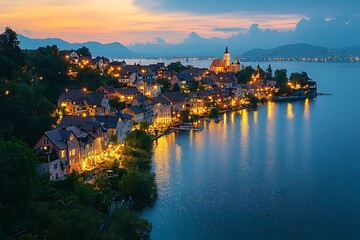 Obraz premium Illuminated lakeside town at dusk with colorful reflections on calm waters of the lake