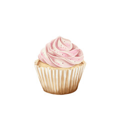 Delicious cupcake with pink icing isolated watercolor hand drawn illustration. Symbolize happiness, friendship, and celebration.