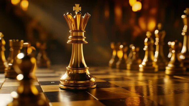Golden chess king piece on wooden chessboard with blurred chess pieces in background, symbolizing strategy, leadership, and competition in game on golden board.