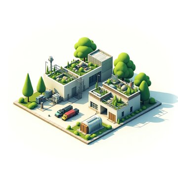 isometric illustration of an eco-friendly waste sorting facility  