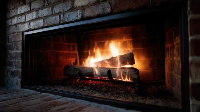 Cozy burning firewood inside brick fireplace with warm glowing flames creating relaxing indoor atmosphere and inviting home warmth from bright fire and glowing logs