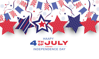 Fototapeta premium Fourth of July background. 4th of July holiday horizontal border with confetti and stars