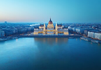 Obraz premium Majestic illuminated hungarian parliament building reflecting on the danube river at dusk
