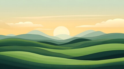 Obraz premium Lush green rolling hills under a soft, warm sun