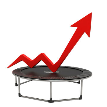 Red arrow bouncing on trampoline isolated on transparent background business growth, recovery, bounce back.