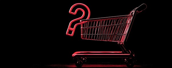 A shopping cart with a glowing red question mark inside, set against a dark background.