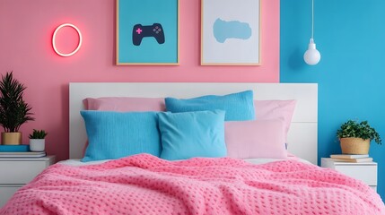 Vibrant neon-lit teen bedroom with gaming decor and retro accents
