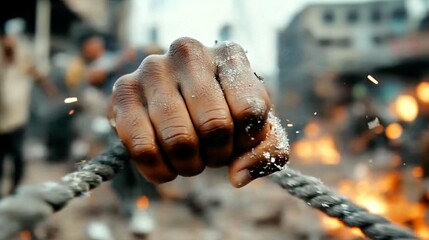 A hand clenches a rope amidst chaos and fire.  Detailed view of a hand gripping a rope, surrounded by a scene of commotion and flames