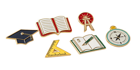 enamel pins with academic motifs, isolated png transparent background