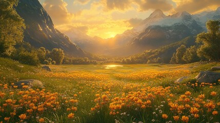 Obraz premium Golden wildflower meadow in sunset light, alpine mountain valley landscape with blooming orange flowers, tranquil nature scene for backgrounds and environmental concepts