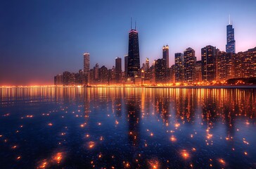 Obraz premium Chicago skyline illuminated at night beautiful reflections in lake michigan water
