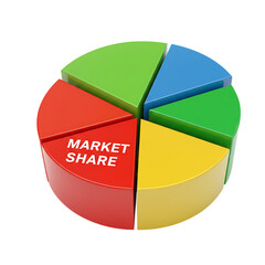 Obraz premium Colorful market share pie chart isolated on transparent background for business presentations, reports, and data analysis