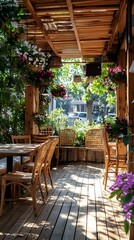 Fototapeta premium Sunny veranda cafe with flowers and natural wood decor