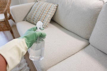 Cleaning a sofa with spray cleaner and gloves