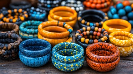 Vibrant handcrafted bracelets and rings, various colors and patterns