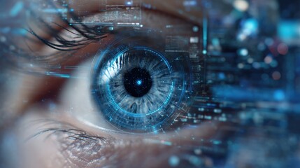 A close-up of a human eye with digital and futuristic technology elements overlayed, symbolizing cybernetics and advanced vision.