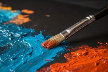 Obraz premium A paint brush holds orange paint over blue and orange paint strokes on a dark canvas surface.