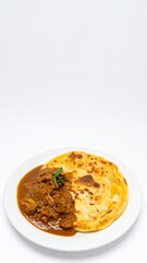 Malaysian roti canai with curry on plate isolated on white background with full depth of field for Indian-influenced cuisine concept