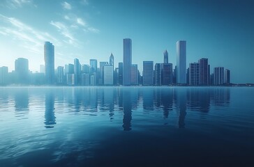 Fototapeta premium Modern city skyline reflecting in calm water with blue hues at sunrise or sunset