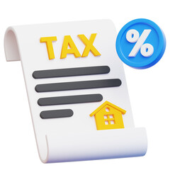 A 3D-rendered image of a tax bill with a house icon and percentage symbol, illustrating concepts of property tax and financial obligations.