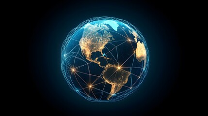 Fototapeta premium A digital rendering of the Earth at night, enveloped in a glowing network of interconnected lines, symbolizing global communication and connectivity.