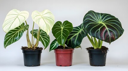 Obraz premium Three varieties of houseplants in pots against a plain background.